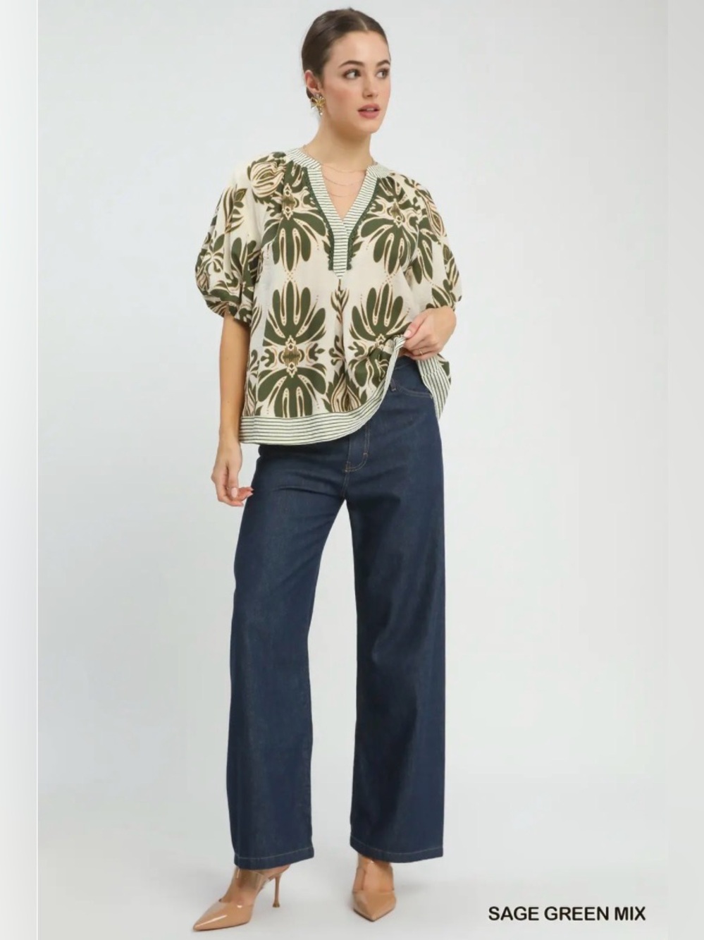 Umgee Mix Printed Puff Sleeve Top with Contrast Trim 🌿🛍️ - Picture 5 of 5